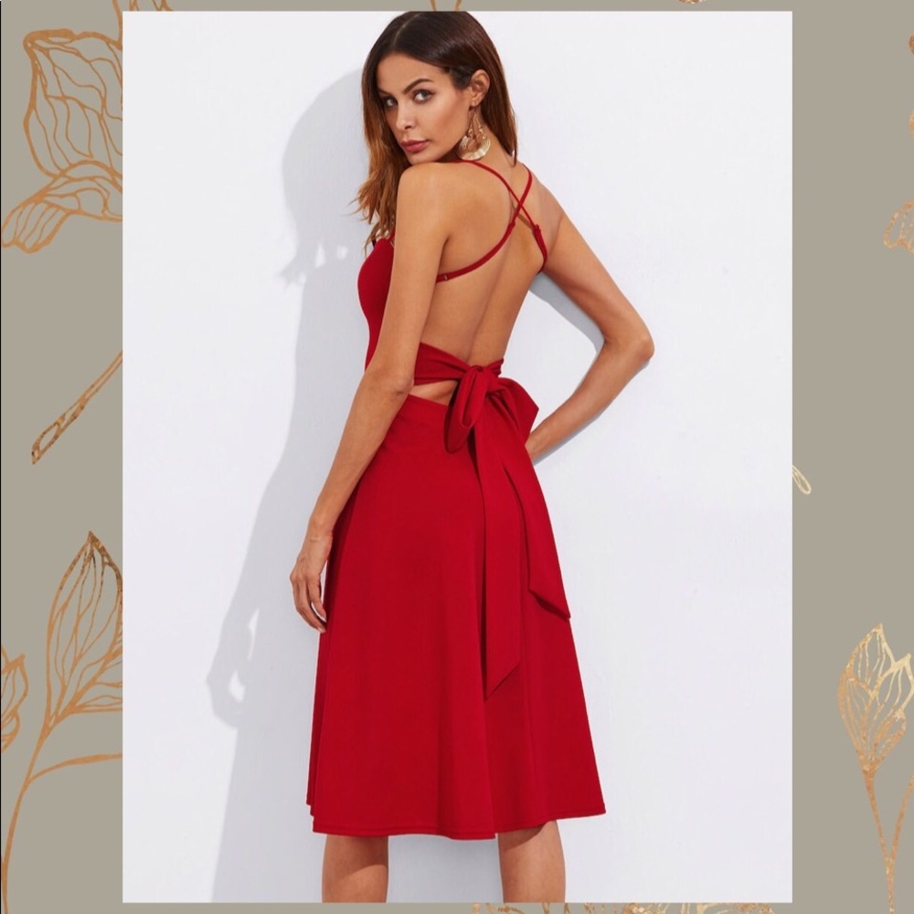 RED CRISSCROSS TIE BACK FLARED CAMI PROM DRESS